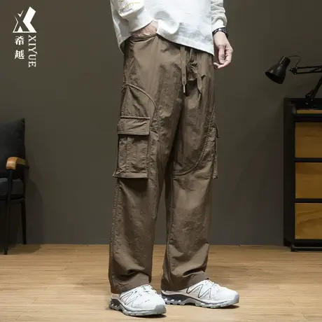 希越户外速干休闲裤男咖色宽松大码秋冬潮牌多口袋直筒工装长裤子商品大图