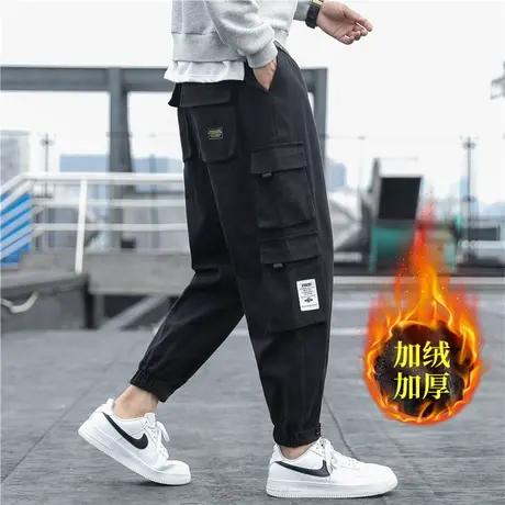 工装裤男秋冬季ins潮牌宽松大码束脚裤子百搭加绒加厚休闲九分裤商品大图
