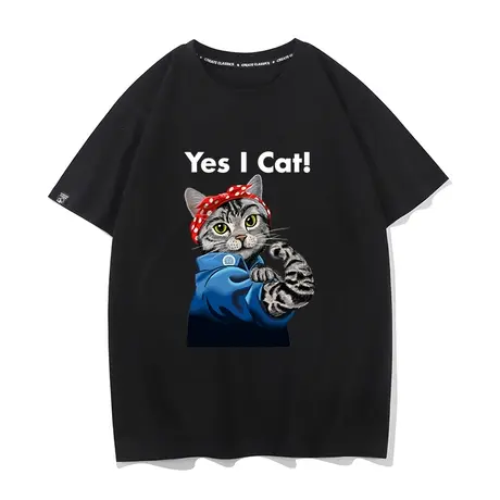 秀洛猫图案yes I cat猫咪T恤男女短袖夏季衣服打底衫衣服体恤纯棉图片