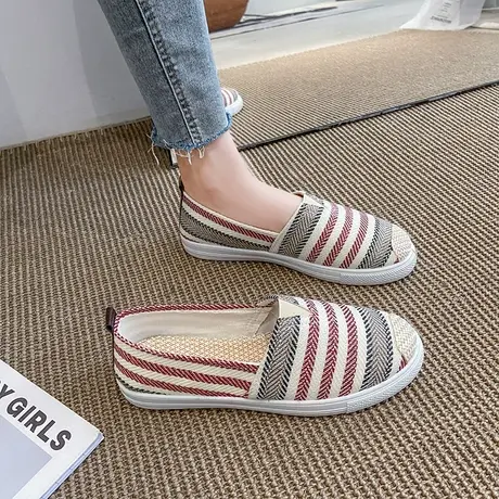 春夏鞋子女2024年新款条纹厚底老北京布鞋女原宿休闲一脚蹬帆布鞋商品大图