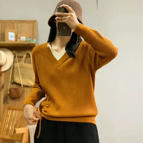 dza 复古宽松V领套头毛衣女秋冬内搭假两件针织衫宽松打底衫上衣图片