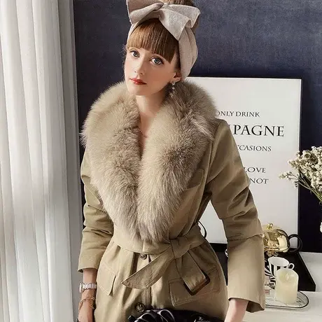 粉红大布娃娃派克服外套2021新款女冬大毛领中长款棉服加厚棉袄图片