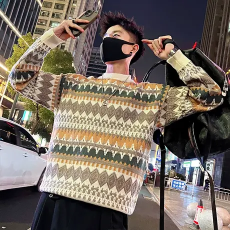 民族风满印菱形毛衣男冬季轻熟撞色高级感个性保暖休闲内搭针织衫图片