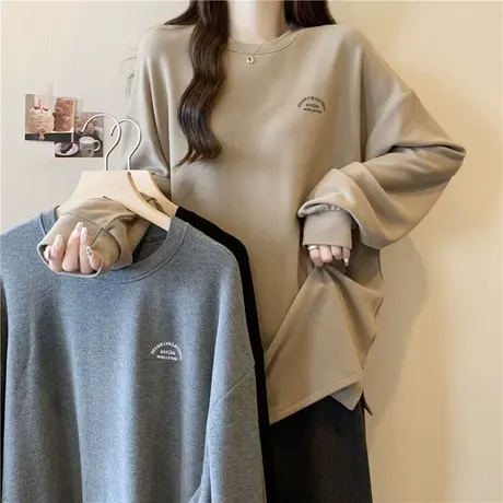 中长款下摆开叉打底衫女内搭外穿秋冬季德绒加厚长袖T恤宽松上衣商品大图