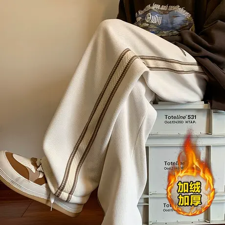 加绒加厚宽松阔腿裤子男秋冬季ins新款拼色潮流条纹直筒休闲长裤商品大图