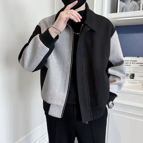 高级感拼色毛呢夹克男秋季韩版潮流休闲外套短款呢子ins机车上衣商品大图