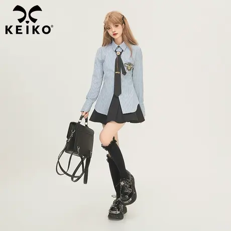 KEIKO [赠领带]学院风蓝色条纹衬衫2024春季蜜蜂刺绣显瘦通勤衬衣图片