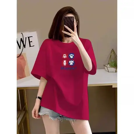 复古港风红色纯棉T恤女2024夏季新款显瘦小众圆领短袖chic上衣潮图片