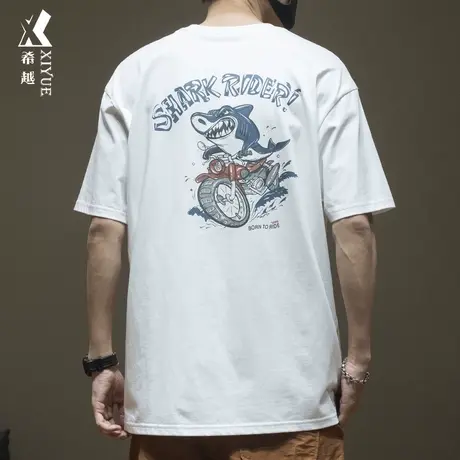 希越重磅260g短袖T恤男2024春季新款宽松大码鲨鱼印花半分袖上衣商品大图