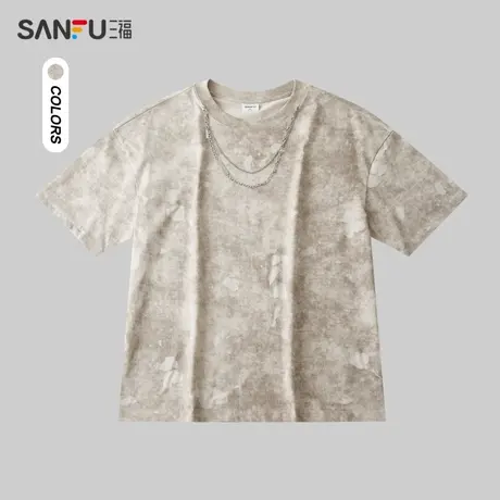 三福2024夏季男士蜡染烧花短T恤 街头潮流宽松圆领上衣483374商品大图