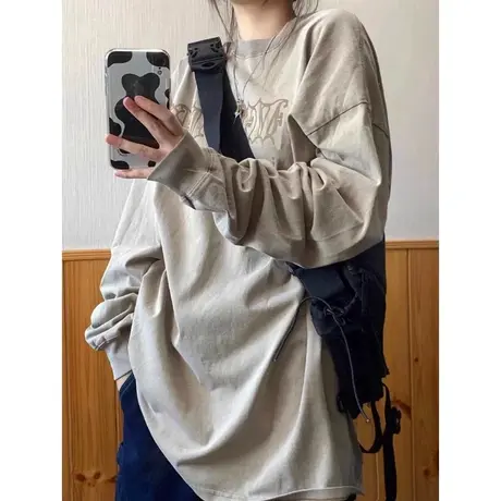 纯棉长袖t恤女潮牌美式复古秋冬内搭打底衫小众设计感慵懒风上衣商品大图