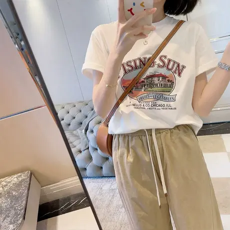 美式复古白色正肩短袖t恤女夏季设计感小众半袖体恤纯棉上衣夏款商品大图