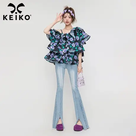 复古玫瑰花一字斜肩上衣女2023夏季高级感法式褶皱荷叶边露肩衬衫图片