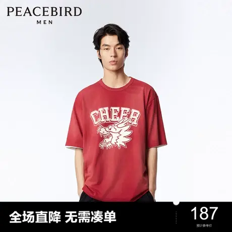 【水洗】太平鸟男装 美式复古短袖t恤男2024年春季新款做旧体恤潮图片