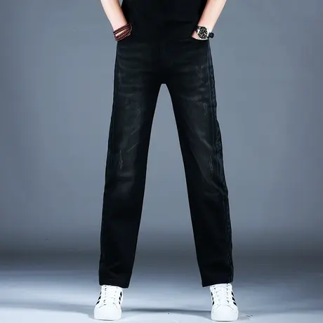 欧洲站男士2024春季牛仔裤子黑色百搭印花休闲直筒裤男潮牌宽松裤图片