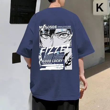 潮牌夏季纯棉短袖T恤男oversize日系卡通印花半袖大码情侣体恤衫商品大图