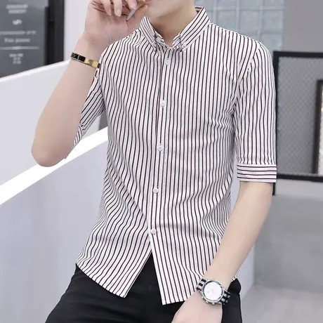 条纹中袖衬衫夏季男士修身韩版帅气中袖衬衣发型师夏装五分上衣潮商品大图