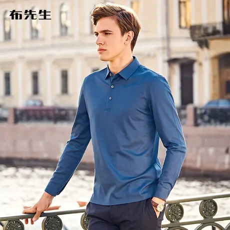 MrBu布先生长袖T恤男士秋装上衣商务休闲纯棉翻领秋季T恤纯色衣服图片
