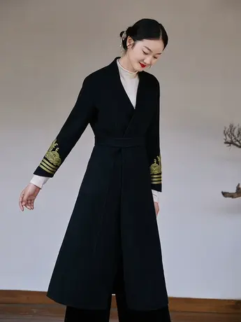 素飞刺绣羊毛大衣中国风复古风衣修身显瘦通勤中长款双面呢子外套商品大图