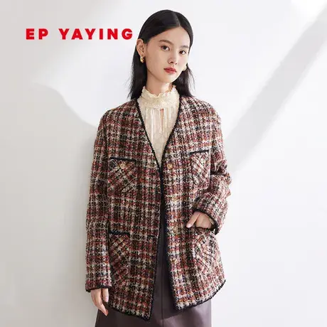 EP雅莹女装 格纹羊毛马海毛混纺小香风花呢短大衣 2023秋冬8409A商品大图
