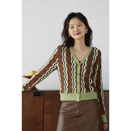 嘉茱莉2023秋季新款V领针织开衫女撞色波浪纹开衫上衣针织衫外套商品大图