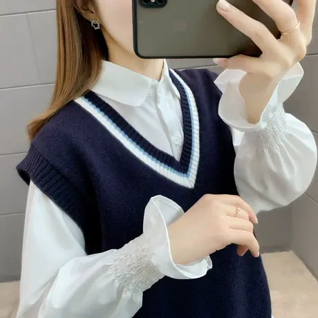 2023年春装新款网红V领纯色针织马甲女背心宽松百搭无袖上衣毛衣商品大图