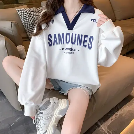 秋款女装2023年新款早秋方领卫衣女套头百搭宽松慵懒风外套上衣女商品大图