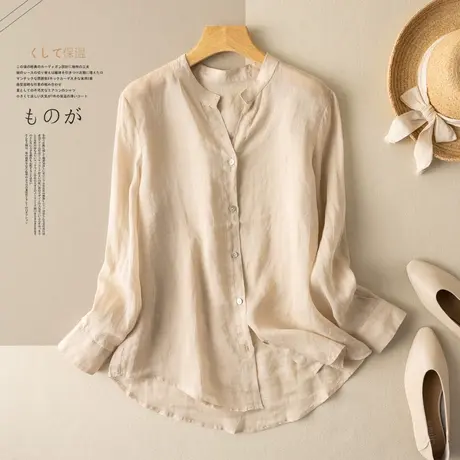 苎麻衬衫女文艺复古港味V领休闲棉麻上衣2021秋季新款麻料衬衣女商品大图