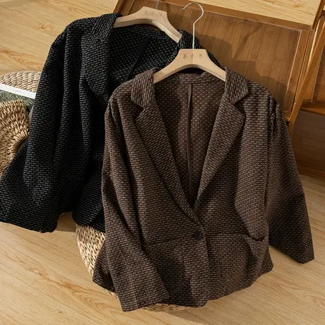 享永子亚麻西装外套女文艺复古条纹上衣通勤气质宽松2023秋季新款图片