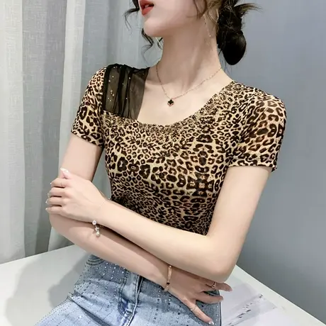 时尚烫钻T恤女短袖夏装2023新款网纱拼接豹纹上衣湔修身显瘦小衫商品大图
