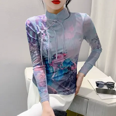 高级感复古盘扣上衣女长袖秋时尚漂亮印花T恤内搭立领网纱打底衫商品大图
