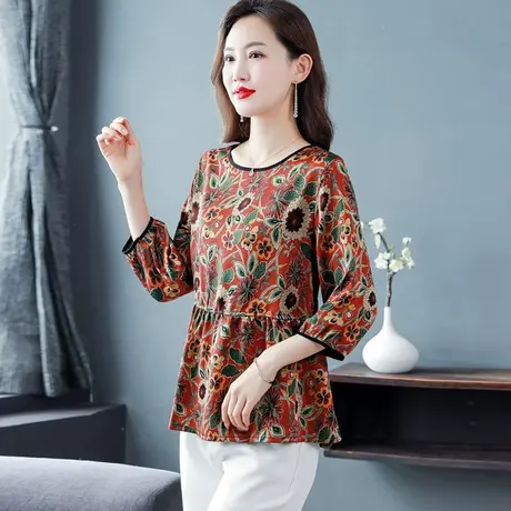 2023秋装新款时尚印花七分袖打底衫女漂亮气质高级感妈妈洋气小衫商品大图