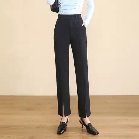 黑色开叉烟管裤女松紧腰直筒裤子2023秋季新款显瘦通勤休闲职业裤商品大图