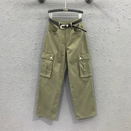 欧货2023夏季新款韩版休闲工装裤女潮军绿色宽松高腰显瘦直筒长裤商品大图