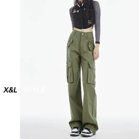 军绿美式街头工装裤女秋季2023新款设计感阔腿裤辣妹直筒休闲裤子图片