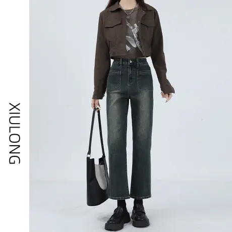 复古高腰直筒牛仔裤女春秋季2023年新款显瘦小个子九分阔腿烟管裤商品大图