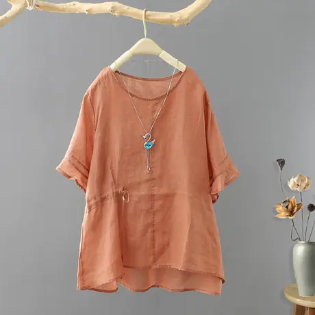 设计感小众短袖t恤女2023年夏装新款文艺范棉麻圆领体恤上衣女装商品大图