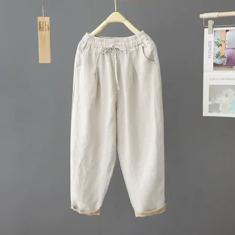 2023春夏新款松紧腰宽松棉麻哈伦裤子女休闲直筒小脚裤高腰九分裤图片
