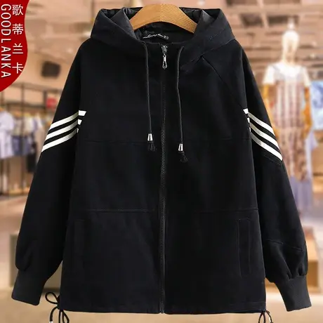 加肥加大码中年妈妈春秋装夹棉薄棉衣女宽松洋气连帽休闲夹克外套商品大图