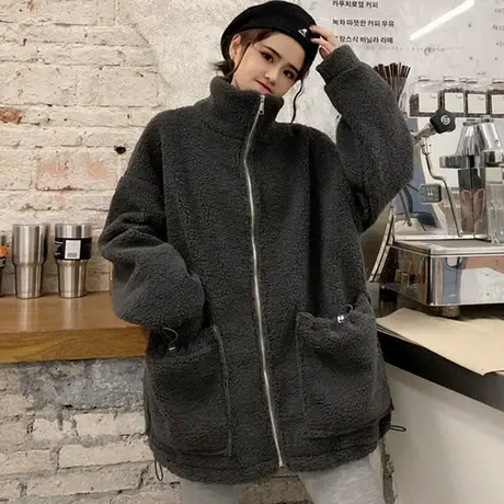 羊羔毛卫衣女2020秋冬宽松韩版潮ins设计感小众上衣加绒加厚外套商品大图