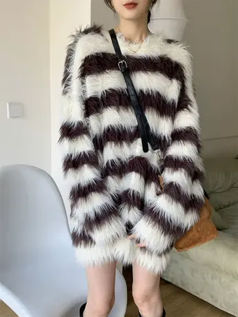 软糯条纹毛衣女秋冬季加厚宽松套头设计感小众上衣慵懒风针织外套商品大图