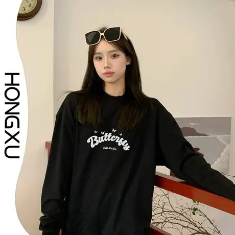 红续港式复古字母印花卫衣无帽2023年ins潮穿搭圆领上衣长袖加厚商品大图