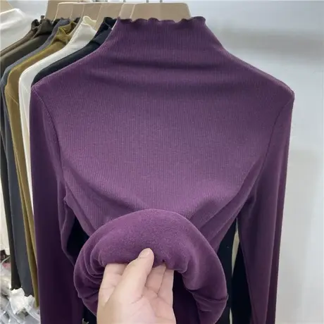 欧货半高领木耳边纯色加绒长袖T恤女2022秋冬新款舒适弹力打底衫商品大图