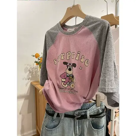 显白灰粉配色 百搭插肩袖雪花棉宽松圆领套头短袖T恤女2023夏款商品大图