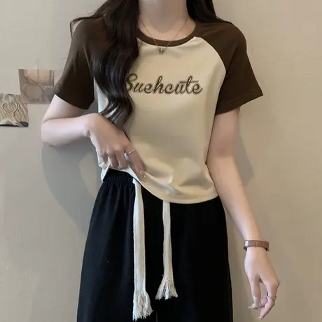 ins超火插肩袖短袖T恤女夏季2023新款小个子修身短款半袖上衣服潮商品大图