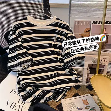 纯棉条纹设计感短袖t恤女夏季ins潮牌宽松韩版学生小众高级感上衣商品大图