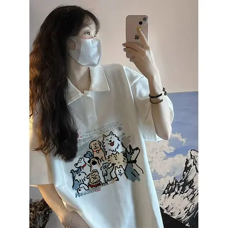 纯棉polo衫短袖t恤女夏季新款设计感小众宽松港味chic半袖上衣服商品大图
