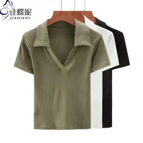 夏季新款韩版V领修身纯白纯色短款纯欲短袖体恤上衣内搭女打底衫商品大图