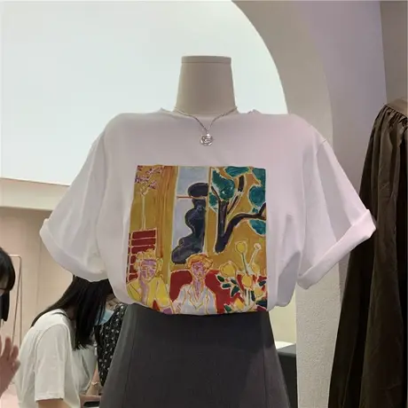 胖mm美式复古短袖T恤女半袖女夏薄款宽松设计感涂鸦街头bf风上衣商品大图