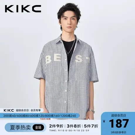 kikc衬衫男2023春夏新款商场同款字母贴布绣宽松休闲格子短袖衬衫图片